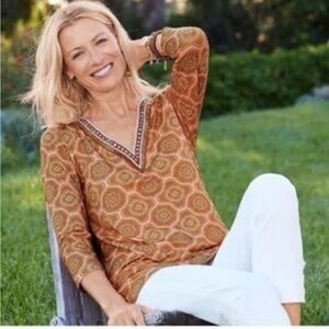 Soft Surroundings Lillia Beaded Stretch V Neck Print Tunic Top 3/4 Sleeves Sz XL